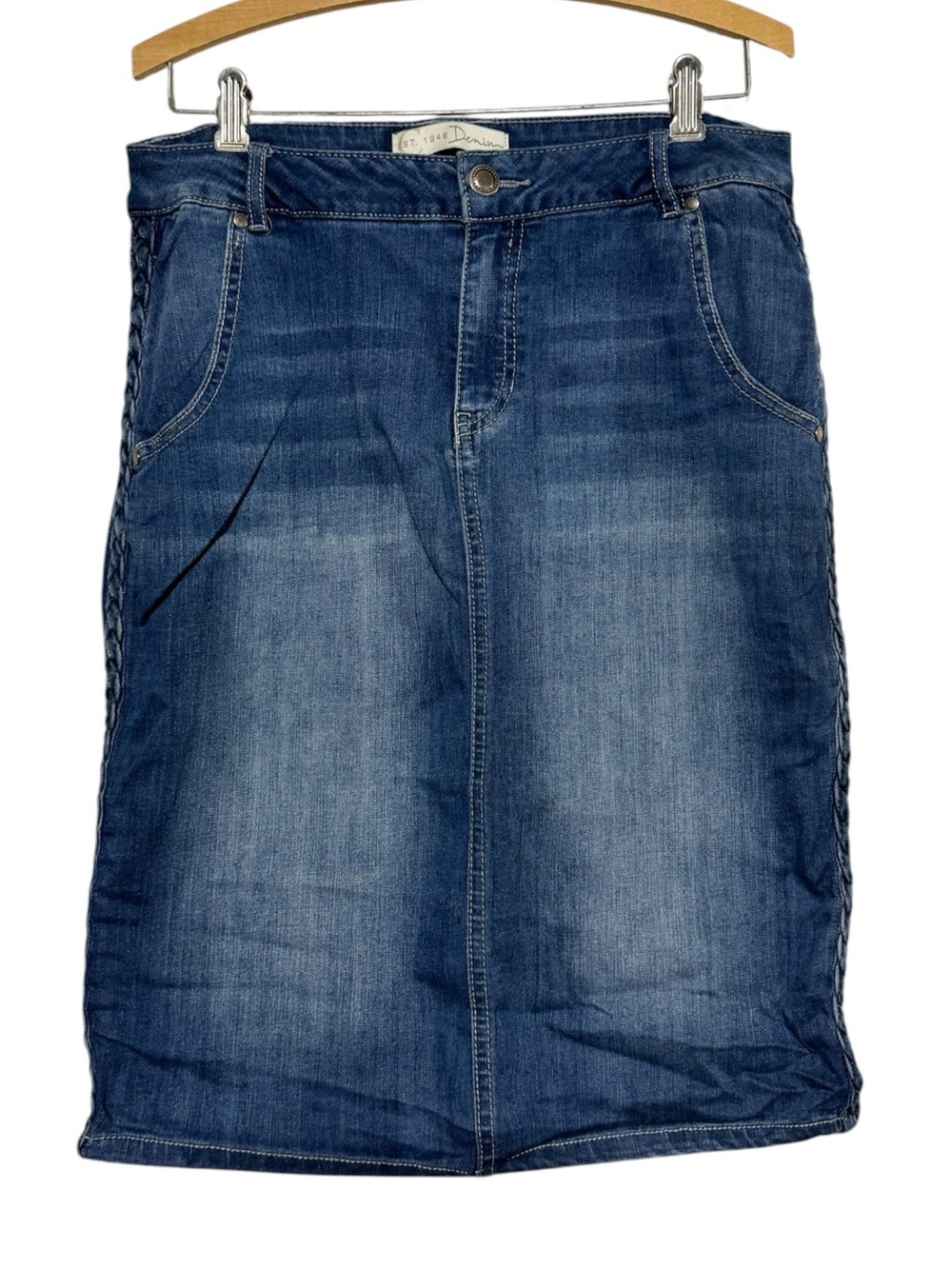 Cato Long Modest Denim Skirt Size 10 Pencil Knee Length Braided Stretch Fall
